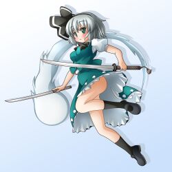  ass bad_id bad_pixiv_id black_hairband blush bow bowtie dual_wielding female ghost green_eyes grey_hair hair_ribbon hairband highres hitodama holding katana konpaku_youmu konpaku_youmu_(ghost) open_mouth ribbon shinjitsu shirt skirt skirt_set solo sword tassel touhou upskirt vest weapon 