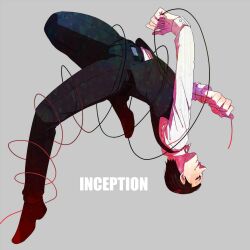  1boy arthur_(inception) bad_id bad_pixiv_id black_hair floating highres inception kogashirou male_focus metal_wire solo vest waistcoat 