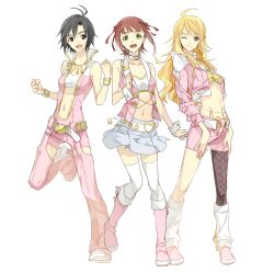  3girls amami_haruka bad_id bad_pixiv_id belly_chain belt black_hair blonde_hair boots bracelet brown_hair chaps choker fishnet_pantyhose fishnets green_eyes grey_eyes groin hoshii_miki idolmaster idolmaster_(classic) izumi_(nagashi) jewelry kikuchi_makoto midriff multiple_girls navel necklace one_eye_closed pantyhose photoshop_(medium) pink_diamond_765_(idolmaster) pink_footwear single_leg_pantyhose skirt thighhighs wrist_cuffs 