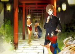  1boy 4girls aged_down apron bad_id bad_pixiv_id black_hair bow brown_eyes brown_hair bucket closed_eyes finger_to_mouth fireworks flower fox hair_bun hair_flower hair_ornament hanasaku_iroha hand_on_head highres japanese_clothes kissuisou_uniform lantern long_hair matsumae_ohana multiple_girls multiple_torii nakai_(waitress) night nineo oshimizu_nako photoshop_(medium) sample_watermark sandals school_uniform senkou_hanabi short_hair shrine single_hair_bun smile sparkler squatting tanemura_kouichi torii tsurugi_minko water watermark 