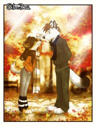  brown_hair canid canine canis eye_contact female hair long_hair looking_at_another male mammal poking romantic romantic_ambiance romantic_couple scarf silverdeni smile wolf 