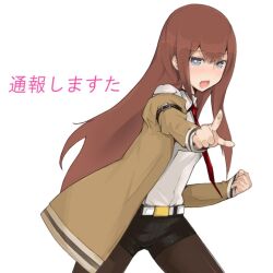  black_shorts blue_eyes blush brown_hair commentary_request female jacket long_hair makise_kurisu megane_chuu necktie open_mouth pantyhose pantyhose_under_shorts pointing pointing_at_viewer red_necktie shorts simple_background solo steins;gate white_background 