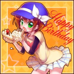  bad_id bad_pixiv_id brown_hair cake commentary_request eating female food green_eyes happy_birthday hat heart looking_at_viewer minami_(apricot_tea) open_mouth short_hair skirt solo tantei_opera_milky_holmes yuzurizaki_nero 