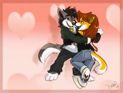  bell black_hair black_nose brown_hair canid canine canis dancing eye_contact female hair heart_symbol hug long_hair looking_at_another love male mammal romantic romantic_ambiance romantic_couple silverdeni wolf 