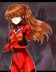  aqua_eyes bad_id bad_pixiv_id blue_eyes bodysuit bracer breasts brown_hair clenched_hand closed_mouth cowboy_shot eva_02 extra_eyes female from_side frown gloves glowing glowing_eyes grey_background hair_between_eyes hand_on_own_wrist headgear legs_apart letterboxed long_hair looking_down looking_to_the_side masamuuu mecha neon_genesis_evangelion outline photoshop_(medium) pilot_suit plugsuit rebuild_of_evangelion red_bodysuit robot serious silhouette small_breasts solo souryuu_asuka_langley standing turtleneck white_outline 