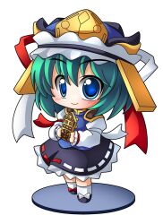  arm_ribbon bad_id bad_pixiv_id blue_eyes blush chibi faux_figurine female green_hair hat hat_ribbon ribbon rod_of_remorse shiki_eiki shinjitsu shirt short_hair skirt smile solo standing touhou 