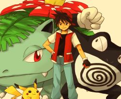  1boy backwards_hat baseball_cap black_hair brown_eyes commentary_request fingerless_gloves gloves hand_on_own_hip hat holding holding_poke_ball jacket male_focus pants pikachu poke_ball poke_ball_(basic) pokemon pokemon_(creature) pokemon_adventures poliwrath raku_(rairaku345) red_(pokemon) smile standing venusaur 