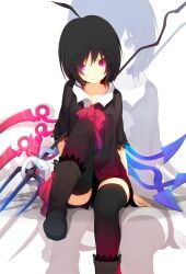  ahoge asymmetrical_wings bad_id bad_pixiv_id black_hair black_thighhighs boots bow female highres houjuu_nue looking_at_viewer nail_polish ogipote pink_eyes polearm short_hair sitting snake solo thighhighs touhou trident weapon wings zoom_layer 