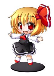  ascot bad_id bad_pixiv_id blonde_hair blush chibi faux_figurine female hair_ribbon open_mouth outstretched_arms red_eyes ribbon rumia shinjitsu shirt short_hair skirt skirt_set smile solo spread_arms standing touhou 