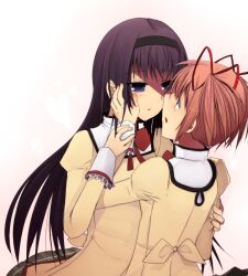  2girls akemi_homura black_hair blush commentary_request eye_contact face-to-face hairband hand_on_another&#039;s_cheek hand_on_another&#039;s_face hinagi_(fox_priest) hug imminent_kiss kaname_madoka long_hair looking_at_another mahou_shoujo_madoka_magica mahou_shoujo_madoka_magica_(anime) mitakihara_school_uniform multiple_girls photoshop_(medium) pink_hair purple_eyes school_uniform short_hair simple_background twintails upper_body yuri 