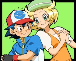  1boy age_difference amada baseball_cap bianca_(pokemon) black_hair blonde_hair brown_eyes commentary_request couple female fingerless_gloves gloves green_eyes hat onee-shota own_hands_clasped own_hands_together pokemon pokemon_(anime) pokemon_bw_(anime) satoshi_(pokemon) simple_background smile straight sweat sweatdrop wavy_mouth wristband 