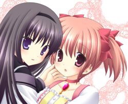  2girls akemi_homura akemi_homura_(magical_girl) bad_link black_hair blush face-to-face hairband hand_on_another&#039;s_cheek hand_on_another&#039;s_face hug kaname_madoka kaname_madoka_(magical_girl) long_hair lowres magical_girl mahou_shoujo_madoka_magica mahou_shoujo_madoka_magica_(anime) multiple_girls nekoneko open_mouth pink_hair purple_eyes school_uniform short_hair simple_background twintails upper_body yuri 