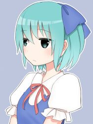  blue_eyes blue_hair bow cirno dress fairy flat_gaze frown hairbow puchiman ribbon short_hair solo touhou 