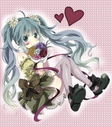  ahoge bad_id bad_pixiv_id blush bouquet dress female flower green_hair hatsune_miku lace lace-trimmed_legwear lace_trim long_hair mitsu_yomogi shoes sitting smile solo thighhighs twintails very_long_hair vocaloid 