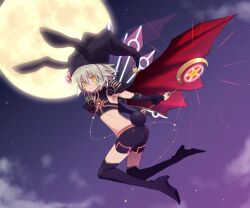  animal_ears armor armpits ass back battle_spirits bike_shorts black_thighhighs boots bracer cape cloud commentary_request crop_top detached_sleeves fake_animal_ears fake_tail female flat_chest floating_cape from_side full_moon glowing grey_hair hair_between_eyes halterneck hat high_heels hyuuga_takashi jester_cap jumping looking_at_viewer looking_back midriff moon neon_trim night night_sky parted_lips pauldrons photoshop_(medium) rabbit_ears rabbit_tail ribs short_hair shoulder_armor sky solo star_(sky) star_(symbol) star_print starry_sky tail the_clownprincess_blackster thigh_boots thighhighs turtleneck wand wings yellow_eyes 