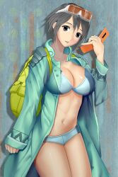  backpack bad_id bad_pixiv_id bag bikini black_eyes black_hair breasts cellphone cleavage eyewear_on_head female large_breasts navel original painttool_sai_(medium) phone raincoat shijima_(tanfn) short_hair solo sunglasses swimsuit 