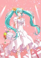  aqua_hair bobby_socks bouquet bow commentary_request dress elbow_gloves female flower gift gloves hairbow hand_on_own_chest hatsune_miku highres long_hair maeda_risou pink_eyes socks solo twintails very_long_hair vocaloid 