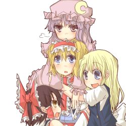  4girls alice_margatroid annoyed bow breath commentary_request group_hug hairband hairbow hakurei_reimu hat hug kirisame_marisa looking_up multiple_girls natsuk open_mouth patchouli_knowledge smile touhou yuri 