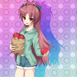  apple bad_id bad_pixiv_id bag denim denim_shorts female food fruit long_hair mahou_shoujo_madoka_magica mahou_shoujo_madoka_magica_(anime) midriff oerba_yun_fang paper_bag ponytail red_eyes red_hair sakura_kyoko shorts solo umberblack 