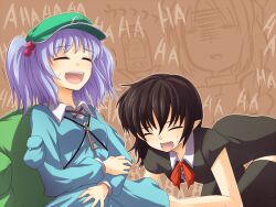  3girls backpack bag black_hair blue_hair braid commentary_request drugged hair_bobbles hair_ornament hat houjuu_nue kawashiro_nitori key laughing miyo_(ranthath) multiple_girls no_wings pointy_ears short_hair touhou two_side_up yagokoro yagokoro_eirin 