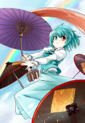  aqua_eyes aqua_hair commentary_request day dress female geta heterochromia karakasa_obake phenne purple_umbrella rainbow red_eyes sky solo tatara_kogasa tongue touhou umbrella 