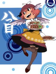  animal_ears black_eyes brown_thighhighs commentary_request dress female fish_(food) food grilled_eel hat mystia_lorelei onikobe_rin open_mouth pink_hair plate short_hair simple_background skewer smile solo thighhighs touhou wings 