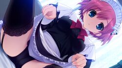  bad_link black_panties black_thighhighs clothes_lift dress dress_lift female fumio_(ura_fmo) game_cg garter_straps grisaia_(series) grisaia_no_kajitsu highres komine_sachi maid maid_headdress panties pink_hair skirt skirt_lift solo spread_legs thighhighs underwear 