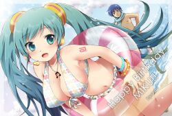  aqua_eyes aqua_hair bikini bracelet breasts cleavage commentary_request dutch_angle female floral_print front-tie_top hatsune_miku headset innertube jewelry kaito_(vocaloid) large_breasts long_hair miyano_ururu musical_note navel necklace open_mouth smile solo swim_ring swimsuit twintails vocaloid water 