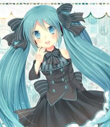  alternate_costume aqua_eyes aqua_hair bare_shoulders bow bowtie breasts commentary_request dress female green_eyes green_hair hair_ribbon hatsune_miku headset long_hair moe_(hamhamham) open_mouth partial_commentary ribbon small_breasts smile solo twintails very_long_hair vocaloid 