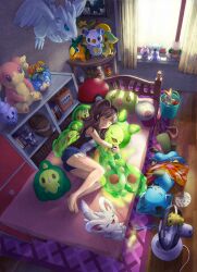  audino barefoot baseball_cap bed bedroom clock commentary_request cubchoo cutoff_jeans cutoffs deerling deerling_(summer) denim denim_shorts dewott duosion electric_fan female game_console gamecube hat hilda_(pokemon) holding holding_pokemon hug indoors joltik litwick lying minccino oshawott poke_ball poke_ball_(basic) poke_ball_theme pokemon pokemon_(creature) pokemon_bw purrloin reshiram reuniclus scraggy shorts simipour sleeping snivy solosis starter_pokemon_trio stuffed_toy tepig themed_object toitoi508 unworn_hat unworn_headwear vanillite victini whimsicott zekrom 