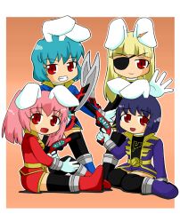  4girls animal_ears aqua_hair blonde_hair carrot chiester00 chiester410 chiester45 chiester556 chiester_sisters commentary_request eyepatch gun kaizoku_sentai_gokaiger multiple_girls nekomaru_fubuki parody photoshop_(medium) pink_hair purple_hair rabbit_ears red_eyes super_sentai sword thighhighs twintails umineko_no_naku_koro_ni weapon zettai_ryouiki 