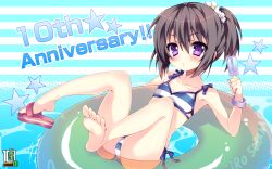  anapom anniversary armpits bare_legs bare_shoulders barefoot bikini black_hair blush bracelet collarbone female flat_chest flower food hair_flower hair_ornament highres innertube itou_mikoto jewelry koiiro_soramoyou legs_up looking_at_viewer photoshop_(medium) popsicle purple_eyes sandals shoe_dangle side-tie_bikini_bottom side_ponytail solo striped_bikini striped_clothes swim_ring swimsuit water 