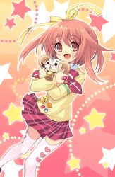  akihime_sumomo bell brown_eyes female glasses hair_ribbon highres horns itou_noiji lapel_pin nanatsuiro_drops open_mouth pins red_hair ribbon school_uniform sheep short_hair solo star stuffed_animal stuffed_toy thighhighs white_legwear yuki-chan 