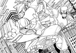  bad_id bad_pixiv_id barnaby_brooks_jr clenched_hand clenched_hands foreshortening greyscale highres kaburagi_t_kotetsu kicking line_art monochrome multiple_boys natano_hisanori power_suit punching tiger_&amp;_bunny 