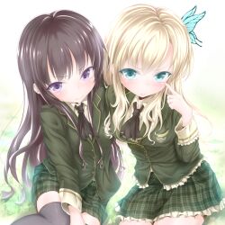  2girls aqua_eyes black_hair blonde_hair blush boku_wa_tomodachi_ga_sukunai bug butterfly butterfly_hair_ornament commentary_request hair_ornament highres kashiwazaki_sena long_hair md5_mismatch mikazuki_yozora multiple_girls purple_eyes school_uniform st._chronica_academy_school_uniform thighhighs wingheart 