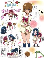  3girls black_socks blue_hair blush bow bowtie brown_hair commentary_request coupe_(heartcatch_precure!) cropped_legs hanasaki_tsubomi heartcatch_precure! ikezaki_misa kneehighs kurumi_erika long_sleeves looking_at_viewer multiple_girls myoudou_gakuen_middle_school_uniform myoudouin_itsuki precure red_bow red_bowtie red_hair school_uniform short_hair socks standing translation_request twintails 