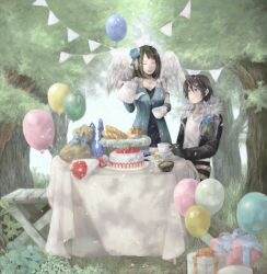  1boy bad_id bad_pixiv_id balloon belt black_hair blue_arm_warmers bread cake closed_eyes cup decimal_(j_decimal) feathered_wings female final_fantasy final_fantasy_viii flower food forest fur_collar gift jewelry nature necklace rinoa_heartilly rose sleeveless_duster squall_leonhart teacup teapot tree wings 