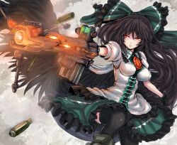  alternate_weapon arm_cannon black_hair black_thighhighs black_wings bow breasts cape commentary_request female gloves green_bow green_skirt gun hairbow impossible_clothes impossible_shirt medium_breasts orange_eyes panzer_(p.z) red_eyes reiuji_utsuho shell_casing shirt skirt solo thighhighs third_eye touhou weapon wings zettai_ryouiki 