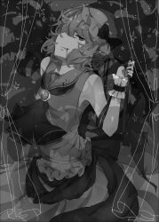  absurdres azya bad_id bad_pixiv_id bare_shoulders blood dress female greyscale grin hat head_tilt highres monochrome oerba_yun_fang remilia_scarlet short_hair smile solo star_(symbol) touhou 