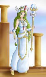  art green_eyes green_hair highres jewelry kid_icarus long_hair nintendo off_shoulder palutena shield thighhighs tiara very_long_hair 