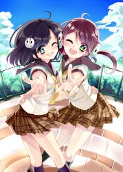  2girls ;d black_legwear blue_eyes blush cloud commentary_request day fisheye green_eyes grin hair_ornament highres kurabayashi multiple_girls one_eye_closed open_mouth original outdoors plaid plaid_skirt school_uniform skirt sky smile smiley_face twintails 