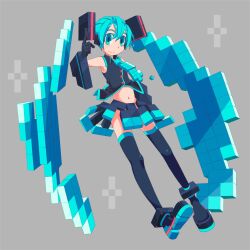  aqua_eyes aqua_hair bad_id bad_pixiv_id commentary_request detached_sleeves female gloves hatsune_miku highres inaba_taiju long_hair midriff navel necktie photoshop_(medium) pixelated pointing skirt smile solo thighhighs twintails very_long_hair vocaloid 