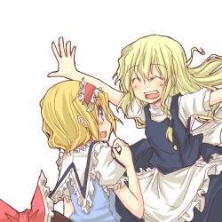  3girls :d ^_^ alice_margatroid blonde_hair blue_eyes blush bow braid closed_eyes commentary_request hairband hairbow hakurei_reimu happy imminent_hug kirisame_marisa multiple_girls natsuk no_headwear open_mouth outstretched_arms sideways_mouth smile spread_arms touhou 