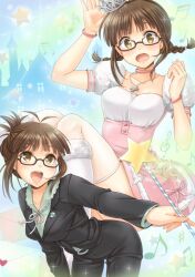  :d :o akizuki_ritsuko antenna_hair bent_over blunt_bangs braid breasts brown_eyes brown_hair business_suit choker commentary_request courreges_ace cross crown cute_&amp;_girly_(idolmaster) dress dual_persona female folded_ponytail formal glasses hair_bun heart idolmaster idolmaster_(classic) jewelry medium_breasts musical_note necklace open_mouth single_hair_bun smile sparkle star_(symbol) suit thighhighs twin_braids wand 