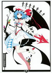  absurdres alternate_costume barefoot bat_wings blue_hair butterfly_wings dress feet female female hat highres ideolo jewelry laevatein necklace red_eyes remilia_scarlet scan short_hair solo spear_the_gungnir strapless_dress touhou white_dress wings 