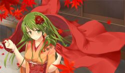  autumn bad_id bad_pixiv_id female flower green_eyes green_hair hair_flower hair_ornament jacket japanese_clothes kimono kochiya_sanae leaf long_hair obi orange_kimono outdoors sash smile solo touhou yoo_(tabi_no_shiori) 