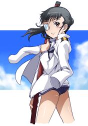  ass black_hair brown_eyes caryo cloud commentary_request day eyepatch female jacket katana ponytail sakamoto_mio sheath sheathed solo strike_witches swimsuit swimsuit_under_clothes sword tabigarasu uniform weapon wind world_witches_series 