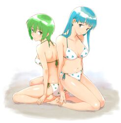  2girls bikini blue_eyes blue_hair breasts character_request cleavage commentary_request green_eyes green_hair kneeling long_hair medium_breasts multiple_girls muramurakimi navel samidare_(rebrank) short_hair side-tie_bikini_bottom sitting swimsuit wariza 