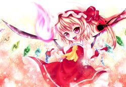  ascot bad_id bad_pixiv_id blonde_hair cicin dress female fire flandre_scarlet hat oerba_yun_fang open_mouth pink_fire pyrokinesis red_eyes short_hair side_ponytail smile solo touhou wings wrist_cuffs 