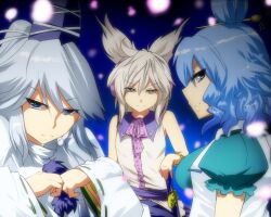  3girls bad_id bad_pixiv_id belt blue_eyes blue_hair brown_eyes brown_hair dress earmuffs grey_hair hair_ornament hair_rings hair_stick hat hyudora japanese_clothes kaku_seiga mononobe_no_futo multiple_girls ponytail shawl sheath short_hair skirt smile sword tate_eboshi touhou toyosatomimi_no_miko weapon 